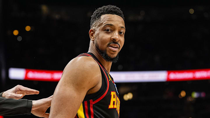 Apr 6, 2026; Atlanta, Georgia, USA; Atlanta Hawks guard CJ McCollum (3) reacts after making a shot. Mandatory Credit: Dale Zanine-Imagn Images