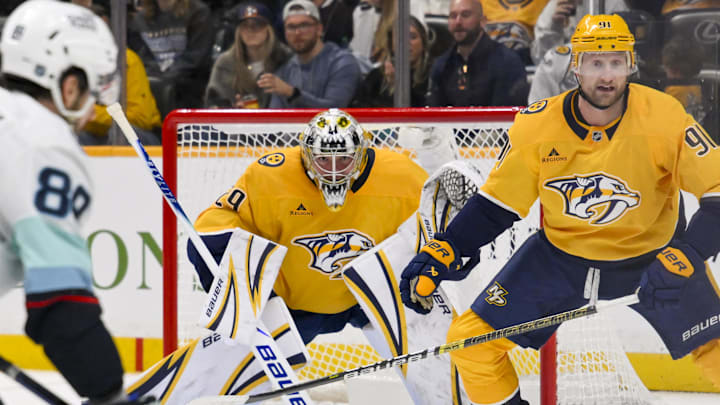 Mar 19, 2026; Nashville, Tennessee, USA; Nashville Predators goaltender Justus Annunen (29) watches Seattle Kraken during the second period at Bridgestone Arena. Mandatory Credit: Steve Roberts-Imagn Images Mar 19, 2026; Nashville, Tennessee, USA; Nashville Predators goaltender Justus Annunen (29) watches Seattle Kraken during the second period at Bridgestone Arena. Mandatory Credit: Steve Roberts-Imagn Images