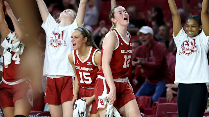Oklahoma's Lexy Keys (15) and Payton Verhulst (12) cheer from the bench. Oklahoma's Lexy Keys (15) and Payton Verhulst (12) cheer from the bench.