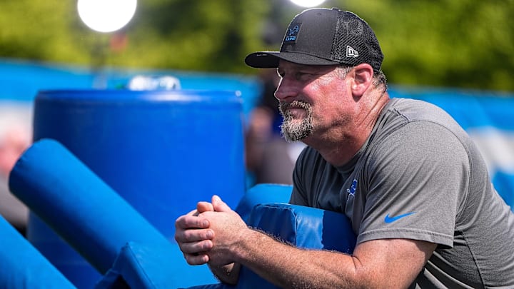 Detroit Lions head coach Dan Campbell looks on after practice during training camp at Meijer Performance Center in Allen Park on Monday, July 21, 2025.