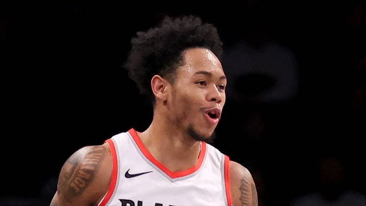 Portland Trail Blazers guard Anfernee Simons (1) reacts during the fourth quarter against the Brooklyn Nets at Barclays Center on January 7, 2024.