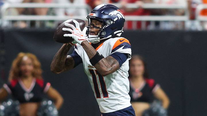 Denver Broncos wide receiver Troy Franklin (11) catches a pass against the Atlanta Falcons. Denver Broncos wide receiver Troy Franklin (11) catches a pass against the Atlanta Falcons.