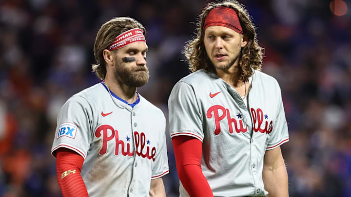 Oct 9, 2024; New York City, New York, USA; Philadelphia Phillies first baseman (3) and third baseman Alec Bohm (28) during game four of the NLDS for the 2024 MLB Playoffs at Citi Field