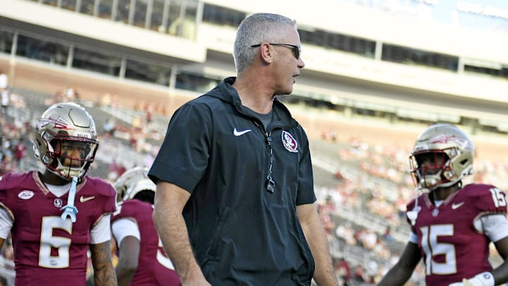 Sep 2, 2024; Tallahassee, Florida, USA; Florida State Seminoles head coach Mike Norvell before the game against the Boston College Eagles at Doak S. Campbell Stadium. Mandatory Credit: Melina Myers-Imagn Images