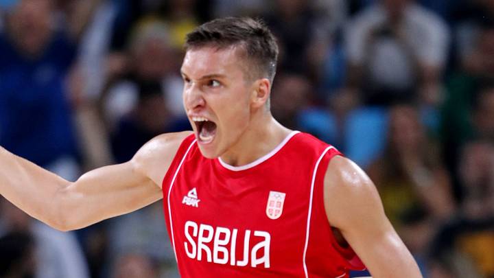 Aug 17, 2016; Rio de Janeiro, Brazil; Serbia shooting guard Bogdan Bogdanovic (7) celebrates against Croatia during the men's basketball quarterfinals in the Rio 2016 Summer Olympic Games at Carioca Arena 1. Mandatory Credit: Jeff Swinger-USA TODAY Sports Aug 17, 2016; Rio de Janeiro, Brazil; Serbia shooting guard Bogdan Bogdanovic (7) celebrates against Croatia during the men's basketball quarterfinals in the Rio 2016 Summer Olympic Games at Carioca Arena 1. Mandatory Credit: Jeff Swinger-USA TODAY Sports