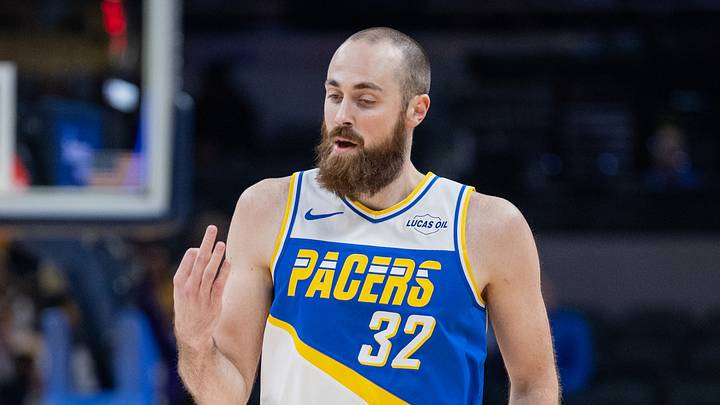 Nov 29, 2025; Indianapolis, Indiana, USA; Indiana Pacers center Jay Huff (32) reacts after making a basket against the Chicago Bulls during the first half at Gainbridge Fieldhouse. Mandatory Credit: Trevor Ruszkowski-Imagn Images