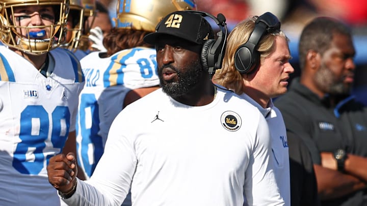 Oct 19, 2024; Piscataway, New Jersey, USA; UCLA Bruins head coach DeShaun Foster during the second half against the Rutgers Scarlet Knights at SHI Stadium. Mandatory Credit: Vincent Carchietta-Imagn Images