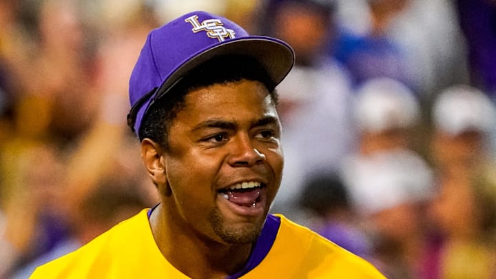 LSU pitcher Christian Little celebrates during an NCAA College World Series game against Florida on June 24, 2023, at Charles Schwab Field. LSU pitcher Christian Little celebrates during an NCAA College World Series game against Florida on June 24, 2023, at Charles Schwab Field.