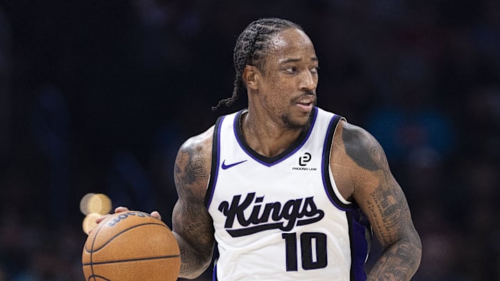 Nov 19, 2025; Oklahoma City, Oklahoma, USA; Sacramento Kings guard DeMar DeRozan (10) dribbles down the court against the Oklahoma City Thunder during the second quarter at Paycom Center.
