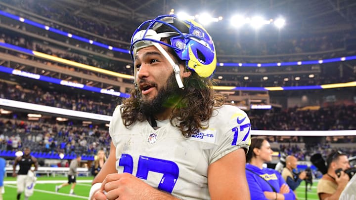 Oct 24, 2024; Inglewood, California, USA; Los Angeles Rams wide receiver Puka Nacua (17) celebrates the victory against the Minnesota Vikings at SoFi Stadium. Mandatory Credit: Gary A. Vasquez-Imagn Images