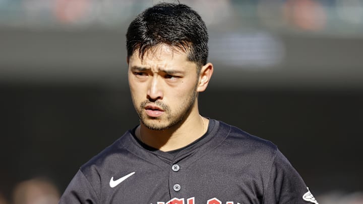Oct 9, 2024; Detroit, Michigan, USA; Cleveland Guardians outfielder Steven Kwan (38) reacts after the fifth inning during game three of the ALDS for the 2024 MLB Playoffs at Comerica Park. Mandatory Credit: Rick Osentoski-Imagn Images Oct 9, 2024; Detroit, Michigan, USA; Cleveland Guardians outfielder Steven Kwan (38) reacts after the fifth inning during game three of the ALDS for the 2024 MLB Playoffs at Comerica Park. Mandatory Credit: Rick Osentoski-Imagn Images