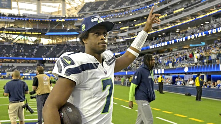 Jan 5, 2025; Inglewood, California, USA; Seattle Seahawks quarterback Geno Smith (7) leaves the field following the game against the Los Angeles Rams at SoFi Stadium. Mandatory Credit: Jayne Kamin-Oncea-Imagn Images
