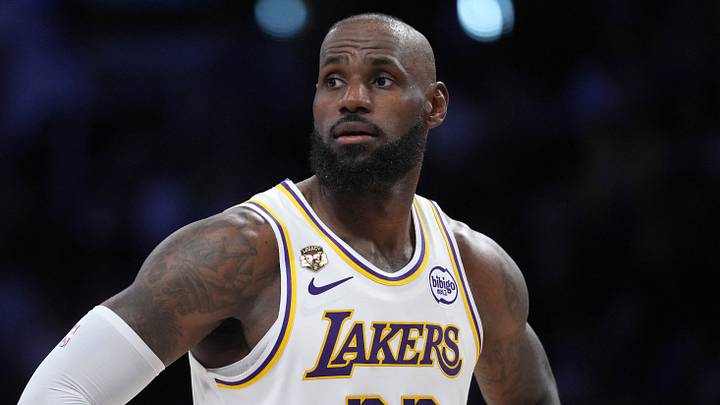 Los Angeles Lakers forward LeBron James (23) reacts (Mandatory Credit: Kirby Lee-Imagn Images)