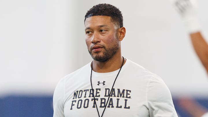 Notre Dame head coach Marcus Freeman during a football practice at Irish Athletic Center on Thursday, July 31, 2025, in South Bend.