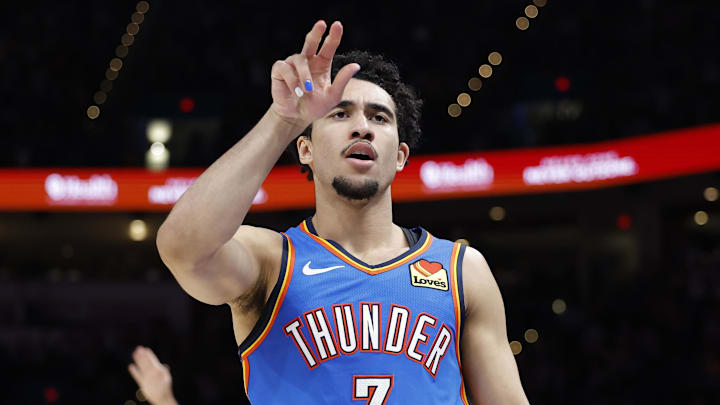 Mar 9, 2026; Oklahoma City, Oklahoma, USA; Oklahoma City Thunder guard Jared McCain (3) gestures after scoring against the Denver Nuggets during the second half at Paycom Center. Mandatory Credit: Alonzo Adams-Imagn Images Mar 9, 2026; Oklahoma City, Oklahoma, USA; Oklahoma City Thunder guard Jared McCain (3) gestures after scoring against the Denver Nuggets during the second half at Paycom Center. Mandatory Credit: Alonzo Adams-Imagn Images