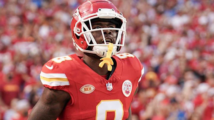 Sep 7, 2023; Kansas City, Missouri, USA; Kansas City Chiefs wide receiver Justyn Ross (8) runs onto the field against the Detroit Lions prior to a game at GEHA Field at Arrowhead Stadium.