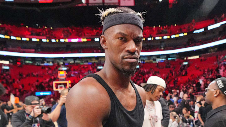 Miami Heat forward Jimmy Butler (22) walks off the court (Mandatory Credit: Jim Rassol-Imagn Images)