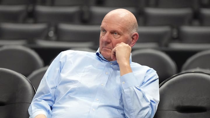 Jan 16, 2024; Los Angeles, California, USA; LA Clippers owner Steve Ballmer watches the game against the Oklahoma City Thunder at Crypto.com Arena. Mandatory Credit: Kirby Lee-Imagn Images