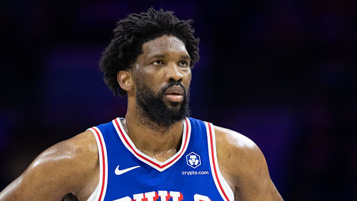 Feb 20, 2025; Philadelphia, Pennsylvania, USA; Philadelphia 76ers center Joel Embiid (21) looks on during the third quarter against the Boston Celtics at Wells Fargo Center. Mandatory Credit: Bill Streicher-Imagn Images
