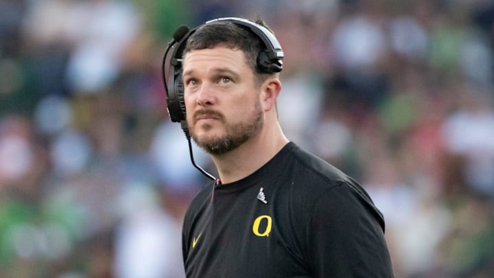 Oregon head coach Dan Lanning looks to the clock towards the end of the first half as the Oregon Ducks face the Ohio State Buckeyes Wednesday, Jan. 1, 2025, in the quarterfinal of the College Football Playoff at the Rose Bowl in Pasadena, Calif. Oregon head coach Dan Lanning looks to the clock towards the end of the first half as the Oregon Ducks face the Ohio State Buckeyes Wednesday, Jan. 1, 2025, in the quarterfinal of the College Football Playoff at the Rose Bowl in Pasadena, Calif.