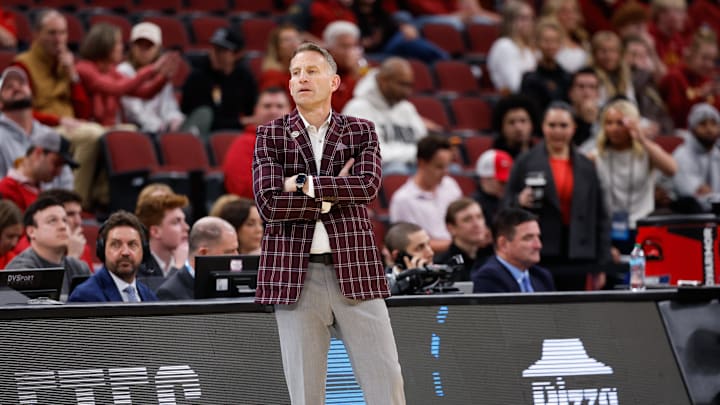 Mar 27, 2026; Chicago, IL, USA; Alabama Crimson Tide head coach Nate Oats looks on in the first half against the Michigan Wolverines during a Sweet Sixteen game of the Midwest Regional of the men's 2026 NCAA Tournament at United Center. Mandatory Credit: Kamil Krzaczynski-Imagn Images
