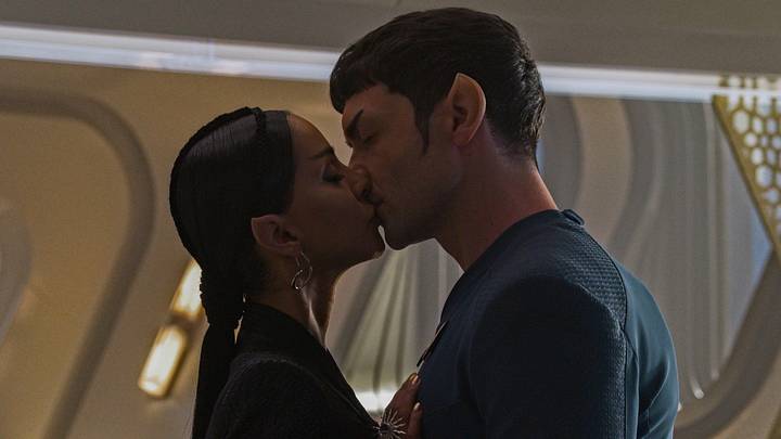 Gia Sandhu as T'Pring and Ethan Peck as Spock of the Paramount+ original series STAR TREK: STRANGE NEW WORLDS. Photo Cr: Marni Grossman/Paramount+ ©2022 CBS Studios. All Rights Reserved.