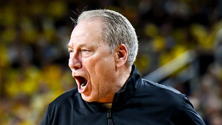 Michigan State's head coach Tom Izzo calls out to players during the second half in the game against Michigan on Sunday, March 8, 2026, at the Crisler Center in Ann Arbor.