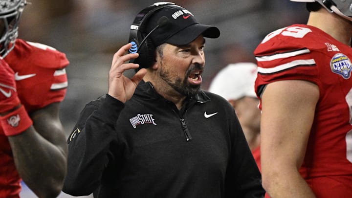 Jan 10, 2025; Arlington, Texas, USA; Ohio State Buckeyes head coach Ryan Day during the fourth quarter of the College Football Playoff semifinal against the Texas Longhorns in the Cotton Bowl at AT&T Stadium. Mandatory Credit: Jerome Miron-Imagn Images Jan 10, 2025; Arlington, Texas, USA; Ohio State Buckeyes head coach Ryan Day during the fourth quarter of the College Football Playoff semifinal against the Texas Longhorns in the Cotton Bowl at AT&T Stadium. Mandatory Credit: Jerome Miron-Imagn Images