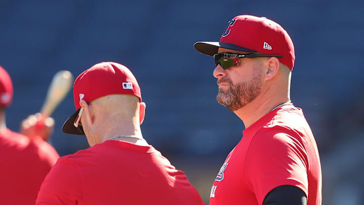 Cleveland Guardians manager Stephen Vogt watches his team warm up before Game 2 of the American League wild card series at Progressive Field, Oct. 1, 2025, in Cleveland, Ohio.