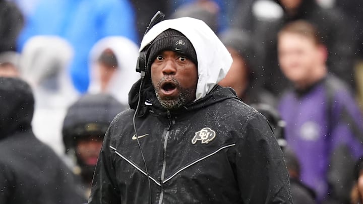 Apr 27, 2024; Boulder, CO, USA; Colorado Buffaloes defensive line coach Warren Sapp reacts on the sideline during a spring game event at Folsom Field. Mandatory Credit: Ron Chenoy-Imagn Images
