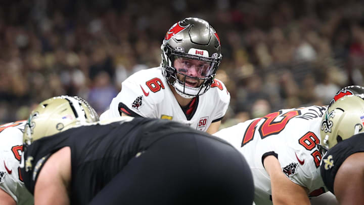 Oct 26, 2025; New Orleans, Louisiana, USA; Tampa Bay Buccaneers quarterback Baker Mayfield (6) directs a play during the first quarter against the New Orleans Saints at Caesars Superdome. Mandatory Credit: Stephen Lew-Imagn Images Oct 26, 2025; New Orleans, Louisiana, USA; Tampa Bay Buccaneers quarterback Baker Mayfield (6) directs a play during the first quarter against the New Orleans Saints at Caesars Superdome. Mandatory Credit: Stephen Lew-Imagn Images