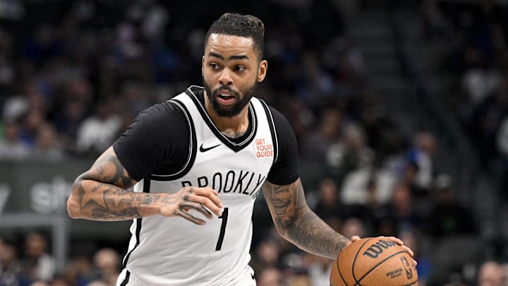 Mar 31, 2025; Dallas, Texas, USA; Brooklyn Nets guard D'Angelo Russell (1) in action during the game between the Dallas Mavericks and the Brooklyn Nets at the American Airlines Center. Mandatory Credit: Jerome Miron-Imagn Images