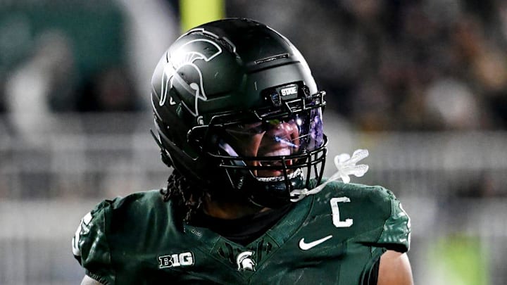 Michigan State's Jordan Hall celebrates after a stop against Michigan during the second quarter on Saturday, Oct. 25, 2025, at Spartan Stadium in East Lansing. Michigan State's Jordan Hall celebrates after a stop against Michigan during the second quarter on Saturday, Oct. 25, 2025, at Spartan Stadium in East Lansing.