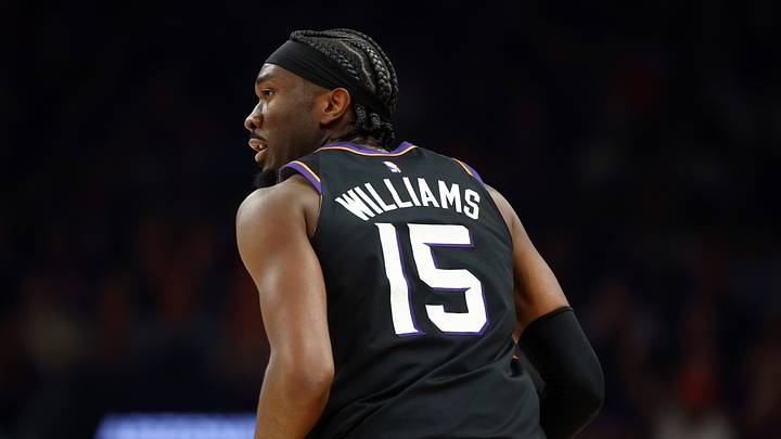 Apr 14, 2026; Phoenix, Arizona, USA; Detailed view of the jersey of Phoenix Suns center Mark Williams (15) against the Portland Trail Blazers during the play-in rounds of the 2026 NBA Playoffs at Mortgage Matchup Center. Mandatory Credit: Mark J. Rebilas-Imagn Images Apr 14, 2026; Phoenix, Arizona, USA; Detailed view of the jersey of Phoenix Suns center Mark Williams (15) against the Portland Trail Blazers during the play-in rounds of the 2026 NBA Playoffs at Mortgage Matchup Center. Mandatory Credit: Mark J. Rebilas-Imagn Images