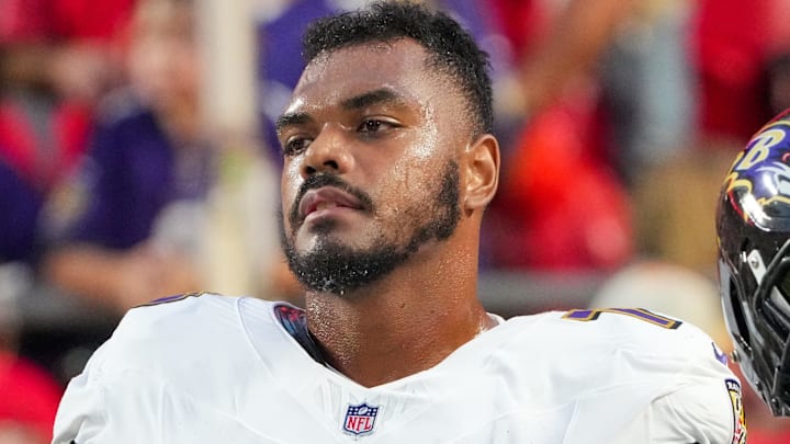 Sep 5, 2024; Kansas City, Missouri, USA; Baltimore Ravens offensive tackle Ronnie Stanley (79) on field prior to a game against the Kansas City Chiefs at GEHA Field at Arrowhead Stadium. Mandatory Credit: Denny Medley-Imagn Images