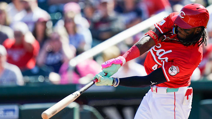 Cincinnati Reds shortstop Elly De La Cruz hits a homer in the first inning of a Cactus League game between the Cincinnati Reds and Cleveland Guardians, Saturday, Feb. 22, 2025, at the Goodyear Ballpark in Goodyear, Ariz.