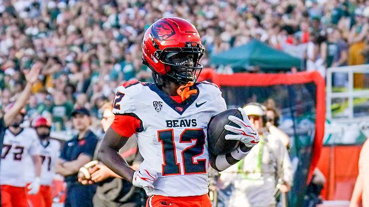 Oct 3, 2026; Fort Collins, Colorado, USA;  Oregon State Beavers wide receiver Jesse Legree (12) runs for a touchdown against the Colorado State Rams in the first half  at Sonny Lubick Field at Canvas Stadium. 
