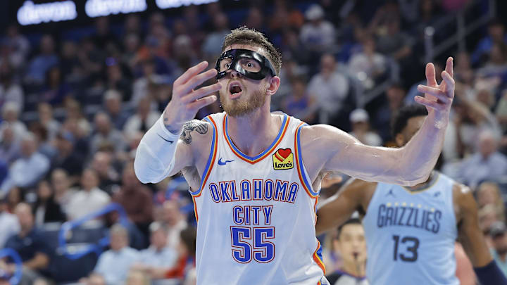 Mar 27, 2025; Oklahoma City, Oklahoma, USA; Oklahoma City Thunder center Isaiah Hartenstein (55) reacts after a play against the Memphis Grizzlies during the second quarter at Paycom Center. Mandatory Credit: Alonzo Adams-Imagn Images