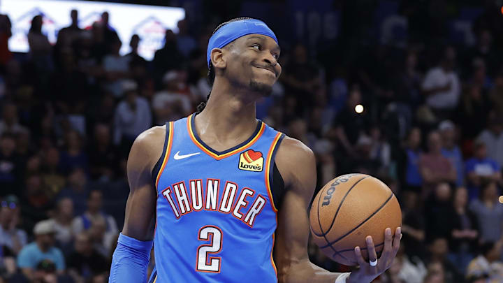 Mar 9, 2026; Oklahoma City, Oklahoma, USA; Oklahoma City Thunder guard Shai Gilgeous-Alexander (2) reacts after the Denver Nuggets score during the second quarter at Paycom Center. Mandatory Credit: Alonzo Adams-Imagn Images