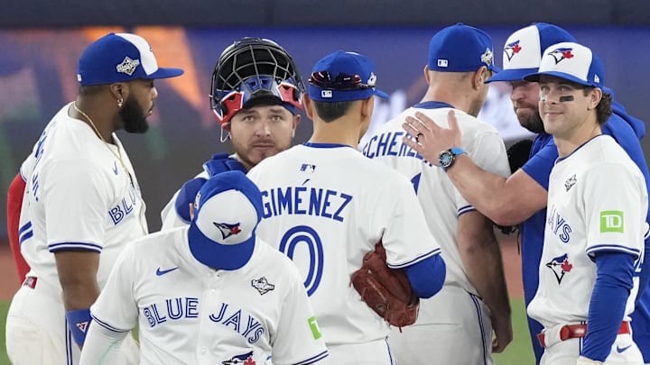 Nov 1, 2025; Toronto, Ontario, CAN; Toronto Blue Jays manager John Schneider (14) relieves pitcher Max Scherzer (31) in the fifth inning during game seven of the 2025 MLB World Series at Rogers Centre. Mandatory Credit: Kevin Sousa-Imagn Images Nov 1, 2025; Toronto, Ontario, CAN; Toronto Blue Jays manager John Schneider (14) relieves pitcher Max Scherzer (31) in the fifth inning during game seven of the 2025 MLB World Series at Rogers Centre. Mandatory Credit: Kevin Sousa-Imagn Images