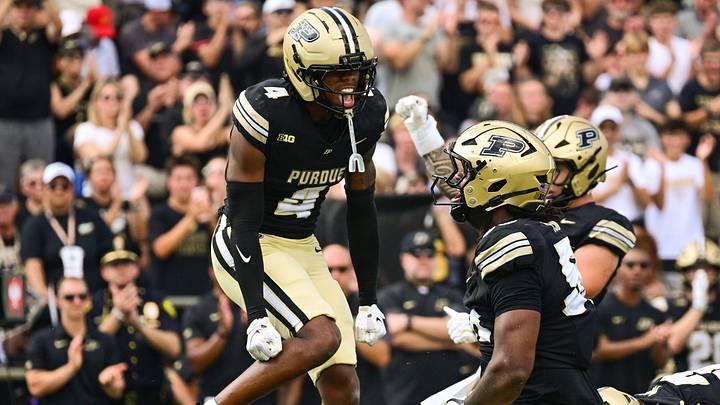 Sep 12, 2026; West Lafayette, Indiana, USA; Purdue Boilermakers defensive back Hudauri Hines (4) jumps to celebrate a play. Sep 12, 2026; West Lafayette, Indiana, USA; Purdue Boilermakers defensive back Hudauri Hines (4) jumps to celebrate a play.