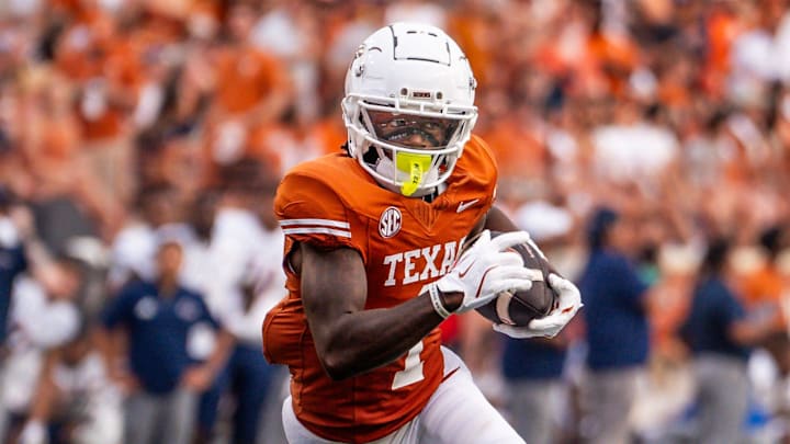 Texas Longhorns wide receiver Johntay Cook II (1) runs the ball in for the Longhorns' second touchdown in the first quarter of the game against the UTSA Roadrunners at Darrell K RoyalÐTexas Memorial Stadium, Saturday, Sept. 14, 2024.