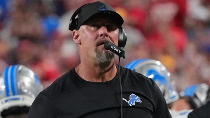 Oct 12, 2025; Kansas City, Missouri, USA; Detroit Lions head coach Dan Campbell during the first half at GEHA Field at Arrowhead Stadium. 