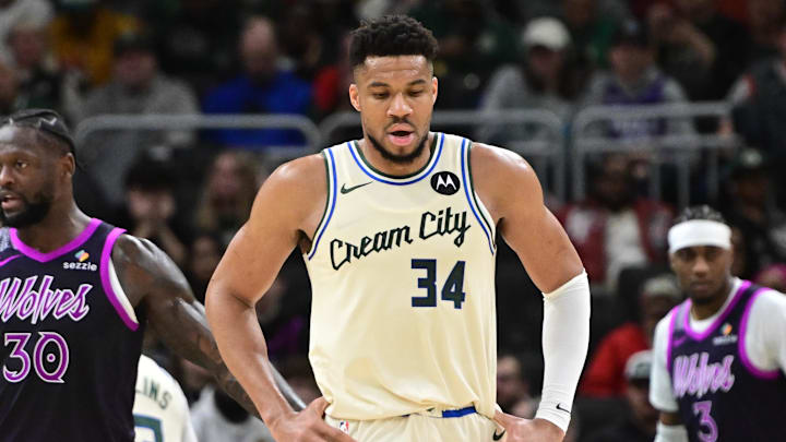 Jan 13, 2026; Milwaukee, Wisconsin, USA; Milwaukee Bucks forward Giannis Antetokounmpo (34) reacts in the second quarter against the Minnesota Timberwolves at Fiserv Forum. Mandatory Credit: Benny Sieu-Imagn Images