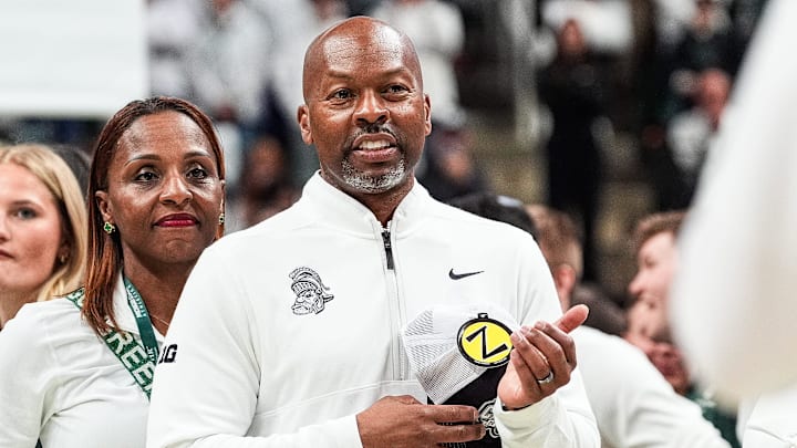 Michigan State athletic director Alan Haller watches senior celebration after 79-62 win over Michigan at Breslin Center in East Lansing on Sunday, March 9, 2025. Michigan State athletic director Alan Haller watches senior celebration after 79-62 win over Michigan at Breslin Center in East Lansing on Sunday, March 9, 2025.