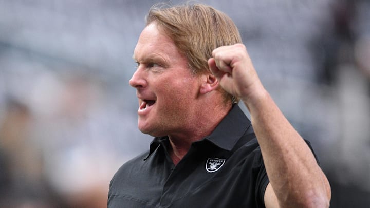 Las Vegas Raiders HC Jon Gruden gestures before the game against the Seattle Seahawks.