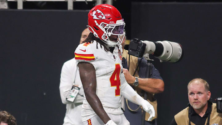 Sep 22, 2024; Atlanta, Georgia, USA; Kansas City Chiefs wide receiver Rashee Rice (4) reacts after a touchdown against the Atlanta Falcons in the second quarter at Mercedes-Benz Stadium. Mandatory Credit: Brett Davis-Imagn Images Sep 22, 2024; Atlanta, Georgia, USA; Kansas City Chiefs wide receiver Rashee Rice (4) reacts after a touchdown against the Atlanta Falcons in the second quarter at Mercedes-Benz Stadium. Mandatory Credit: Brett Davis-Imagn Images