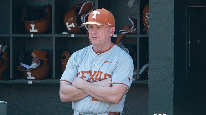 Texas Longhorns head coach Jim Schlossnagle watches as Auburn takes on Texas. Texas Longhorns head coach Jim Schlossnagle watches as Auburn takes on Texas.