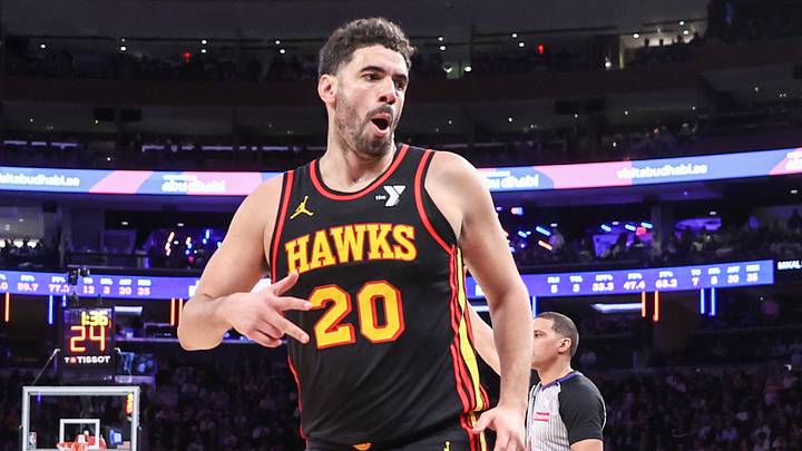 Feb 12, 2025; New York, New York, USA;  Atlanta Hawks forward Georges Niang (20) gestures to the fans after making a three point shot in the third quarter against the New York Knicks at Madison Square Garden. Mandatory Credit: Wendell Cruz-Imagn Images