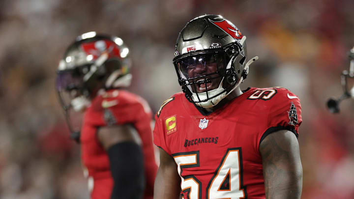 Tampa Bay Buccaneers linebacker Lavonte David celebrates after a stop during the fourth quarter of a NFC wild card playoff against the Washington Commanders. Tampa Bay Buccaneers linebacker Lavonte David celebrates after a stop during the fourth quarter of a NFC wild card playoff against the Washington Commanders.